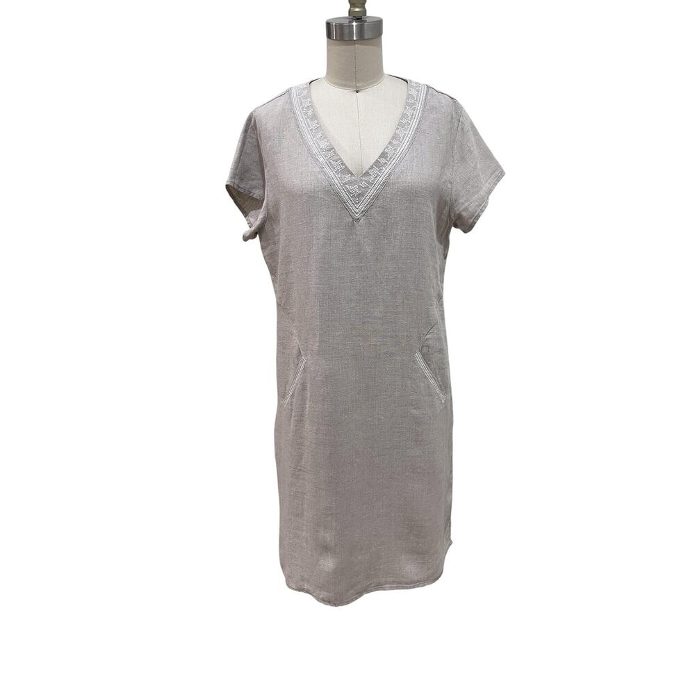 Garnet Hill Dress Womens 10 Beige Linen Embroidered V Neck Shift Pockets Casual - Picture 2 of 9